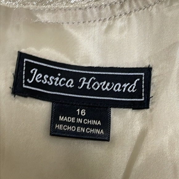 Jessica Howard 2Pc Champagne Satin Hammered Tiered Dress & Blazer Sz 16 Sheath - Picture 14 of 16